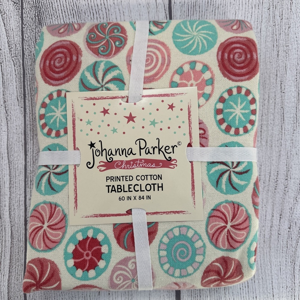 Johanna Parker Tablecloth 60x84  Christmas Holiday Peppermint Candy Pink Aqua